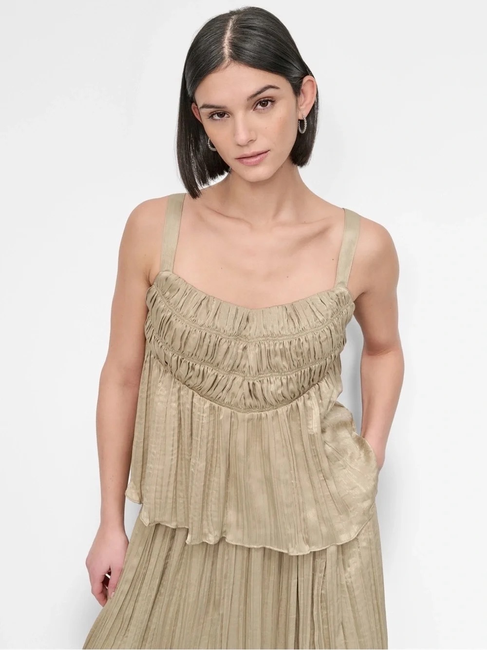 DKNY Pale Moss Pleated Tank Top